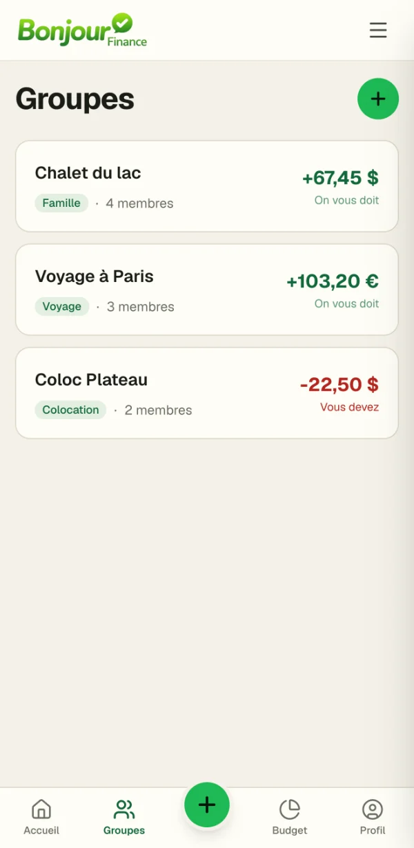 La liste des groupes de l'app, chacun avec son solde.
