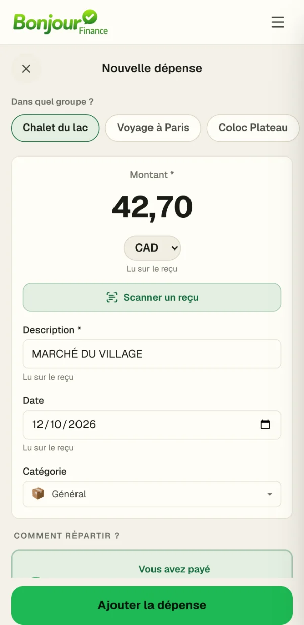 L'app Bonjour Finance : une dépense remplie par le scan d'un reçu, 42,70 $ au Marché du Village, chaque champ marqué « Lu sur le reçu ».