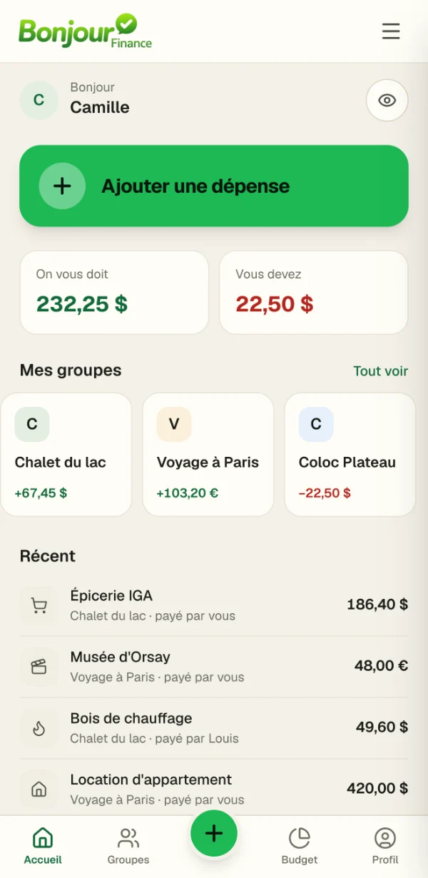 Le tableau de bord de l'app : ce qu'on vous doit, ce que vous devez, vos groupes et vos dernières dépenses.